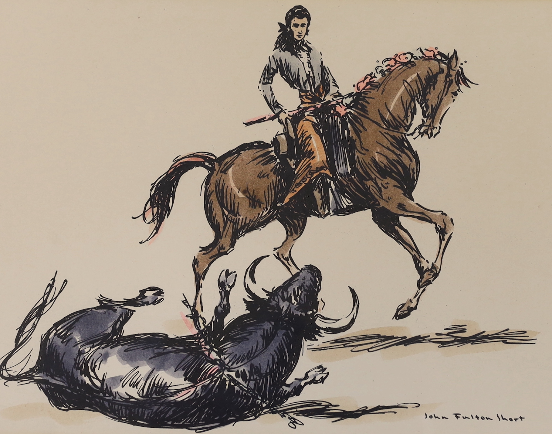 John Fulton Short (1932-1998), pair of ink and watercolours, Matadors and bulls, each signed, 22 x 30cm